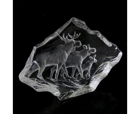 ORREFORS style glass tablet with reindeer design, unsigned, height 19cm 