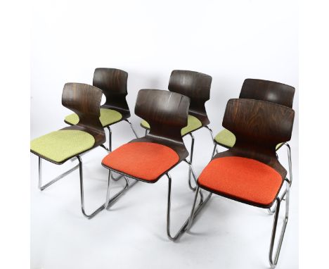 6 Pagholz stacking dining chairs for FPF FLOTOTTO, Germany, 1960/70's design, with upholstered seat pads, makers stamps on ba