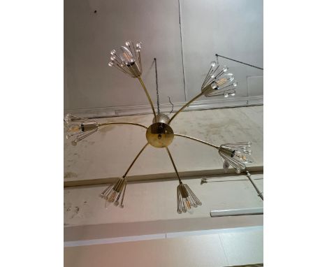 A mid-century 6-branch brass and cream painted metal ceiling-mounted light fitting, in the manner of Oscar Torlasco.Overall g