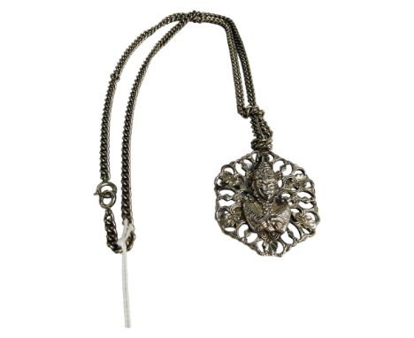 WHITE METAL OPENWORK BUDDHA PENDANT ON HEAVY CHAIN 