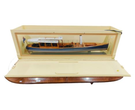 SUPERB MODEL BOAT IN DISPLAY CASE WITH ENGINE 124CM X 38CM X 27CM 