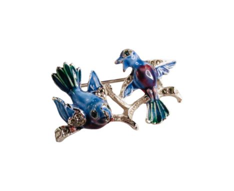 VINTAGE MARCASITE AND ENAMEL LOVE BIRD BROOCH 