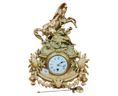 VICTORIAN GILT MANTLE CLOCK HORSE FIGURE KEY AND PENDULUM 
