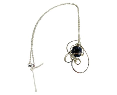 SILVER WIRED LAPIS PENDANT ON SILVER CHAIN 