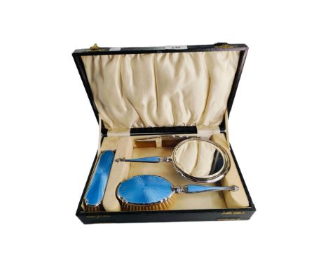 CASED SILVER BLUE ENAMEL GUILLOCHE DRESSING TABLE APPOINTMENT SET PRESENTED TO MRS ROBERT DIAMOND FROM CLIFTONVILLE FOOTBALL 