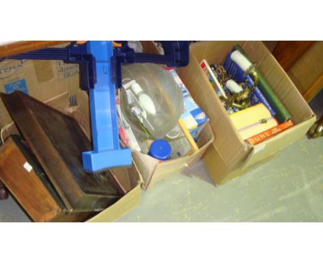 6 x boxes of books, oddments, games, light fitments etc.