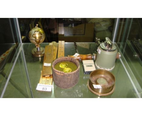 Shelf of oddments including vintage folding rulers, corkscrews & coins, cufflinks etc.