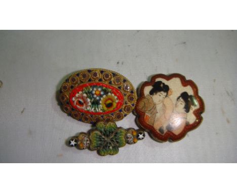 Collection of three brooches including 2 x vintage micro mosaic brooches with floral decoration and early 20th century Japane