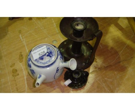 Chinese blue and white teapot, Arts & Crafts metal candlestick etc.