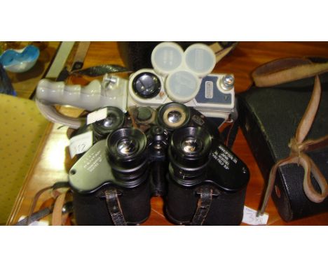 2 x vintage binoculars & cine 8 camera including Pentax Asahi 10 x 50, Ross 9 x 35, Eumig cine camera