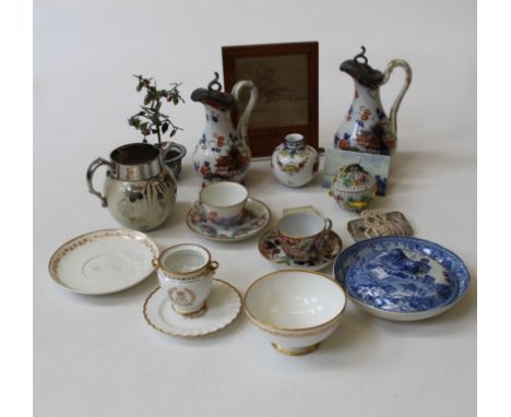 A small selection of English or Continental porcelain, a delf tile and a Lord Lyon 1866 Derby winner silk scarf