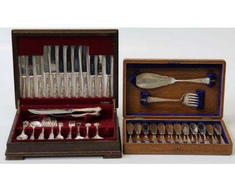 A cased set of twelve James Dixon and Sons bright cut EPNS fish knives and forks, together with a part canteen of EPNS King's