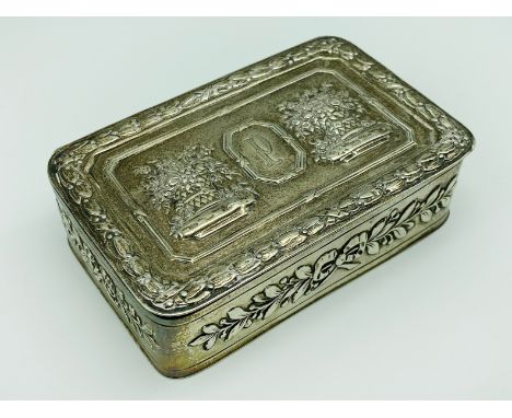 ANTIQUE HALLMARKED HANAU SILVER REPOUSSE TABLE SNUFF BOX IMPORTED HALLMARKED FOR BOAZ MOSES LANDECK&nbsp; APP. SIZE: 10.5cm x