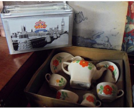 A 1920's Art Deco Hancock's ivoryware child's tea set for two in decorative Royal Corona Ware box - sold with a Doctor Who 30