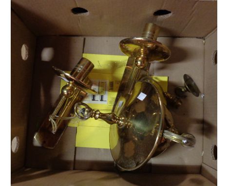 A box containing a vintage brass three drop ceiling lamp - sold with two brass wall sconces