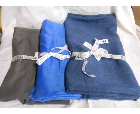 Three bundles of assorted textiles comprising 3.5m polyester rayon, 6m organza and 2.4m terraline/cotton mix