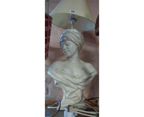 A large vintage plaster table lamp in the form of a young girl with a head scarf and shawl with original white painted finish