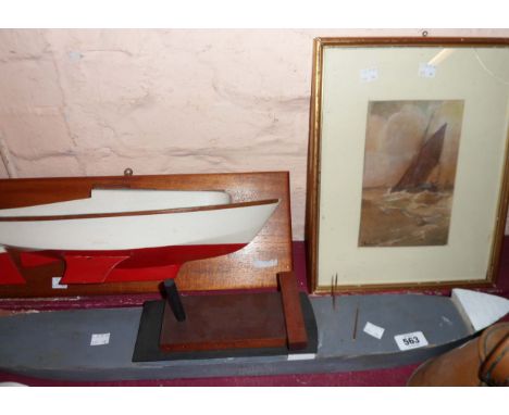 A vintage Morris Griffiths designed half hull boat builder's model - sold with a waterline model of a coaster and a framed Mo