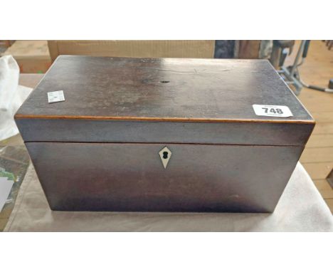 A 19th Century mahogany and strung tea caddy with removable wooden cannisters - mixing bowl missing