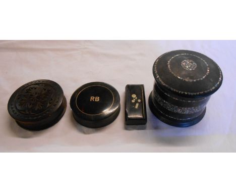 A horn snuff box and circular box with RB initials - sold with two others