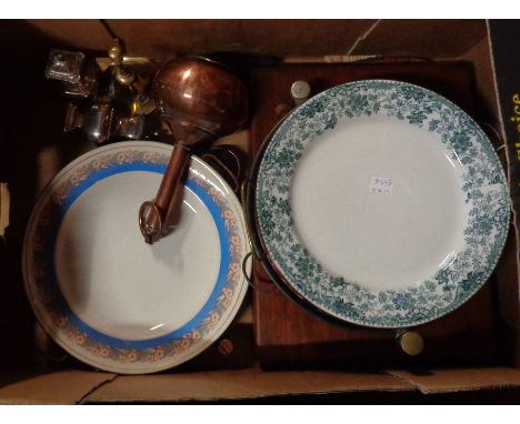 A box containing a quantity of assorted metalware and other collectable items including cased canteen of cutlery, old solderi