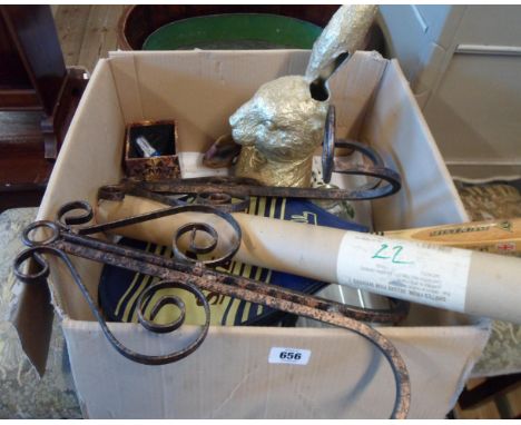 A box containing assorted collectable items including Dunlop tennis racket, Terence Davies cinema poster, etc.