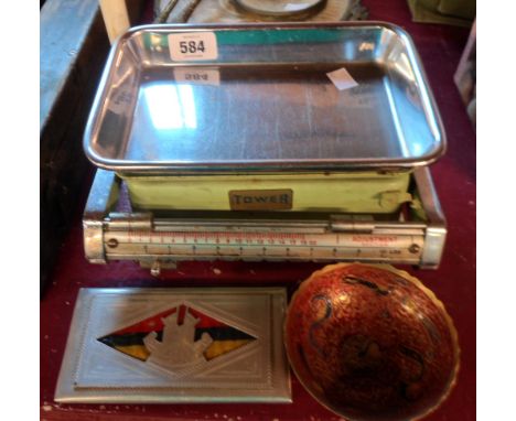 A vintage Tower scale - sold with a soldier work aluminium cigarette case marked for Army Educational Corps with chaste decor