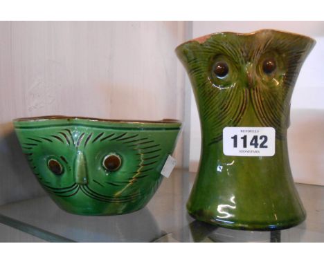 A Farnham Art Pottery owl jug with green lead glaze - sold with a similar Watcombe Pottery bowl - various condition