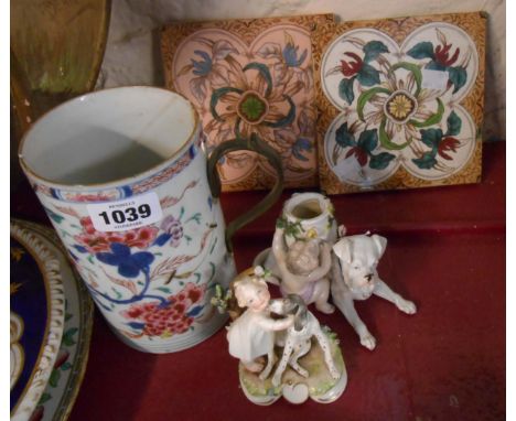 A small quantity of ceramic items comprising 18th Century Chinese famille rose mug with staple repairs and replacement metal 