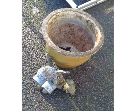 A large ceramic garden planter - sold with a small concrete duck statue and a moulded plastic angel garden statue