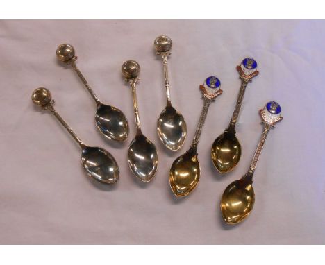 Three silver and enamel teaspoons made to commemorate the 1937 coronation - sold with four silver plated teaspoons with bowli