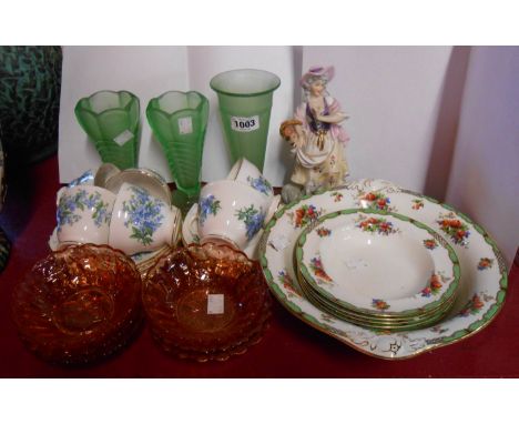 An assortment of ceramics and glassware including pair of Art Deco press moulded glass vases, Royal Osborne part tea set, etc