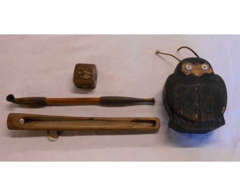 An old Japanese opium pipe - sold with a Japanese carved wood bird form tobacco case on pipe holder suspender and a Meiji per