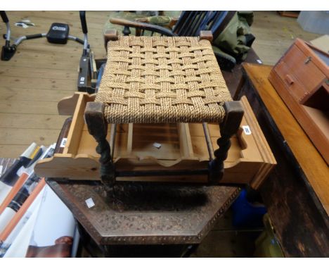 A small modern pine wall mounted three shelf spice rack - sold with an old barley twist foot stool with woven top