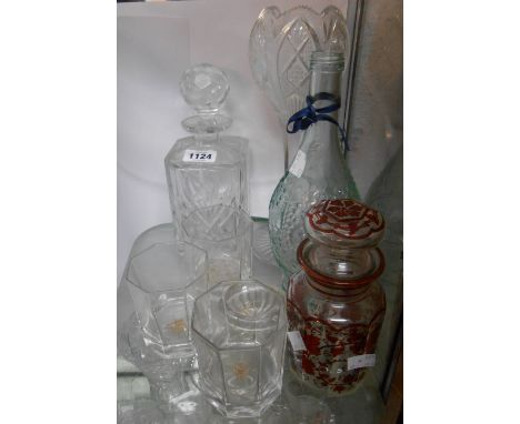 A small selection of glassware including cut glass tulip form vase, ruby flash pickle jar, decanter, etc.