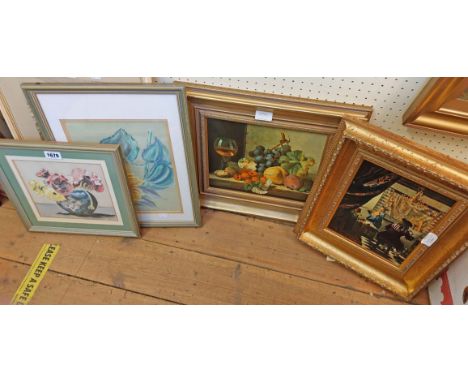 Two framed pastel drawings, both floral studies - sold with two gilt framed reproduction old master coloured prints