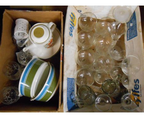Three boxes containing a quantity of assorted ceramics and glassware including J. G. Meakin tureens, Galway crystal goblets, 