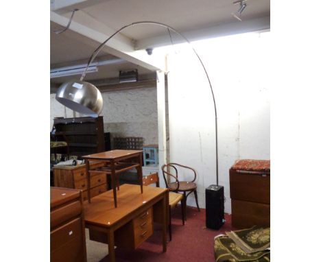 A large modern reproduction Arco poseable floor lamp with brushed steel shade and supports, set on a heavy black marble pedes