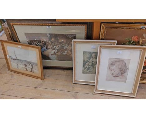 A large format framed modern coloured print, depicting an Edwardian ball - sold with two vintage framed portrait prints and a
