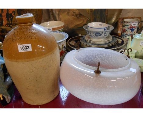 A Price Bristol stoneware flagon made for Hicks &amp; Co. (a/f to rim) - sold with a glass ceiling light shade