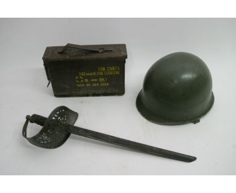 A WW2 American helmet with liner, ammunition box and a WW1 British sword cut down, possibly for trench use (3).