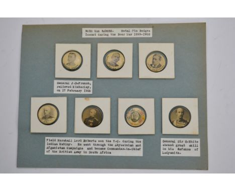 A collection of 14 metal pin badges including Boer War, The Indian mutiny Defence Ladysmith, Baden Powell, Sir R Buller etc