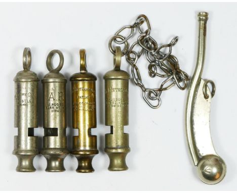 A bosun's whistle with broad arrow, a Hudson ARP whistle, two Metropolitan whistles and a Acme City whistle (5). 