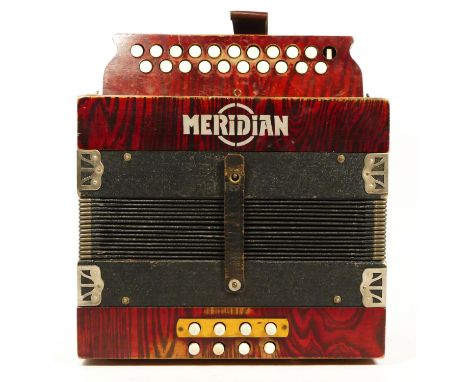 A Meridian 21 button accordion, stained wood body with floral decoration on bellows