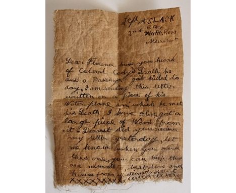 Of Colonel Cody aviation interest; a piece of fabric taken from the fatal crash on 7th August 1913, when Cody was test flying