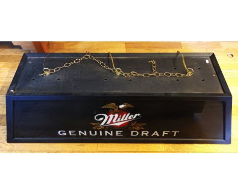 A Pool table light/shade, advertising 'Miller Genuine Draft' beer, incorporating light fittings and ceiling chains.128cm long