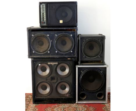 Five speakers, to include a Behringer 4x10" speaker cabinet, a The Box MA120 MKII active floor monitor, a unbranded 2x12" spe