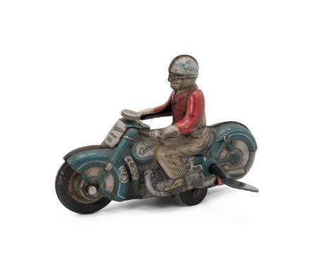 Vintage 1950s tinplate toy Schuco Curvo 1000 clockwork motorcycle, green bike, with key, made in US zone of Germany. L 13cm.