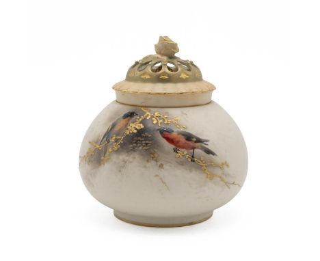 James Stinton for Royal Worcester a pot pourri vase of globe form with inner lid and perforated crown shaped cover with roseb