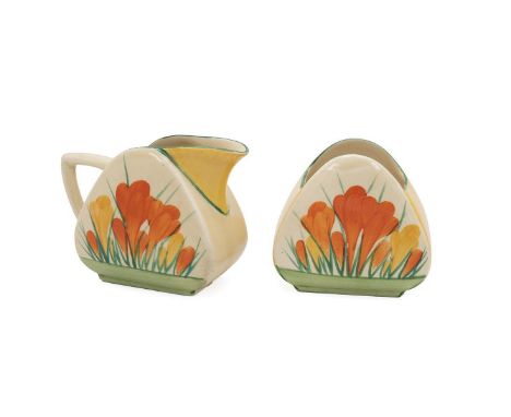 Clarice Cliff for Wilkinson Bizarre series Spring Crocus pattern cream jug and sugar bowl. Height - each 7cm. (2)